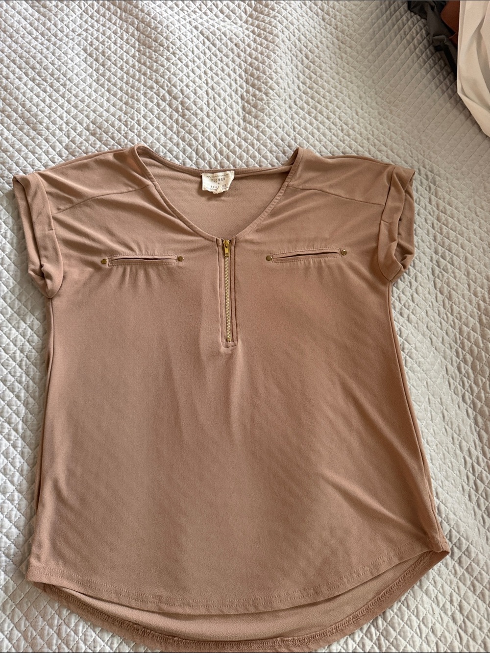 Women's Taupe Zip-Front Short Sleeve Blouse